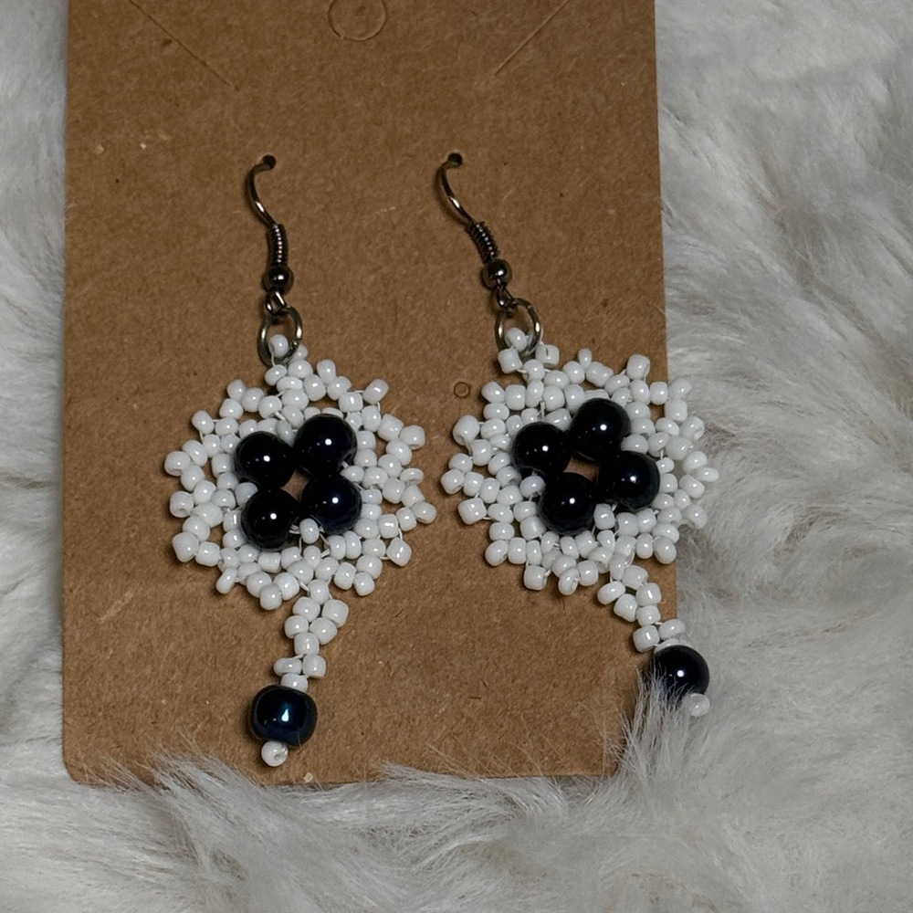 Handmade White Seed Bead Earrings with Black Accent Beads
